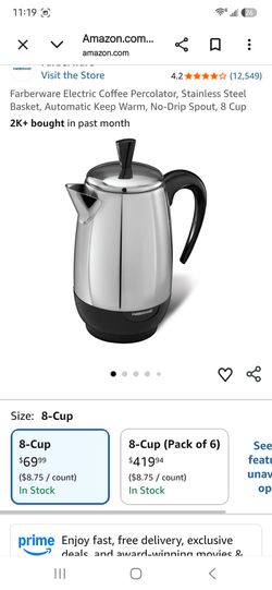 Farberware Electric Coffee Percolator, Stainless Steel Basket, Automatic Keep Warm, No-Drip Spout, 8 Cup
