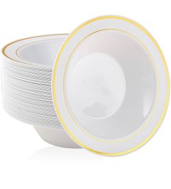 60 Plastic Bowls with Gold Rim-12oz disposable Soup Bowls, Christmas Thanksgiving Premium Dessert Salad Bowl for Wedding/Party