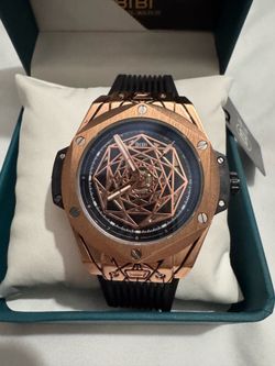 ⌚ BIBI Luxury Skeleton Watch – Rose Gold & Black Geometric Edition ⌚
