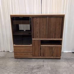 Oak Hardwood TV Stand with Smoked Glass Doors