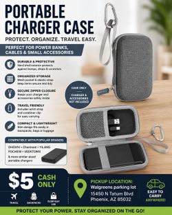 Portable Hard Carrying Case for Power Bank / Phone Charger – Grey Travel Storage Case with Carabiner
