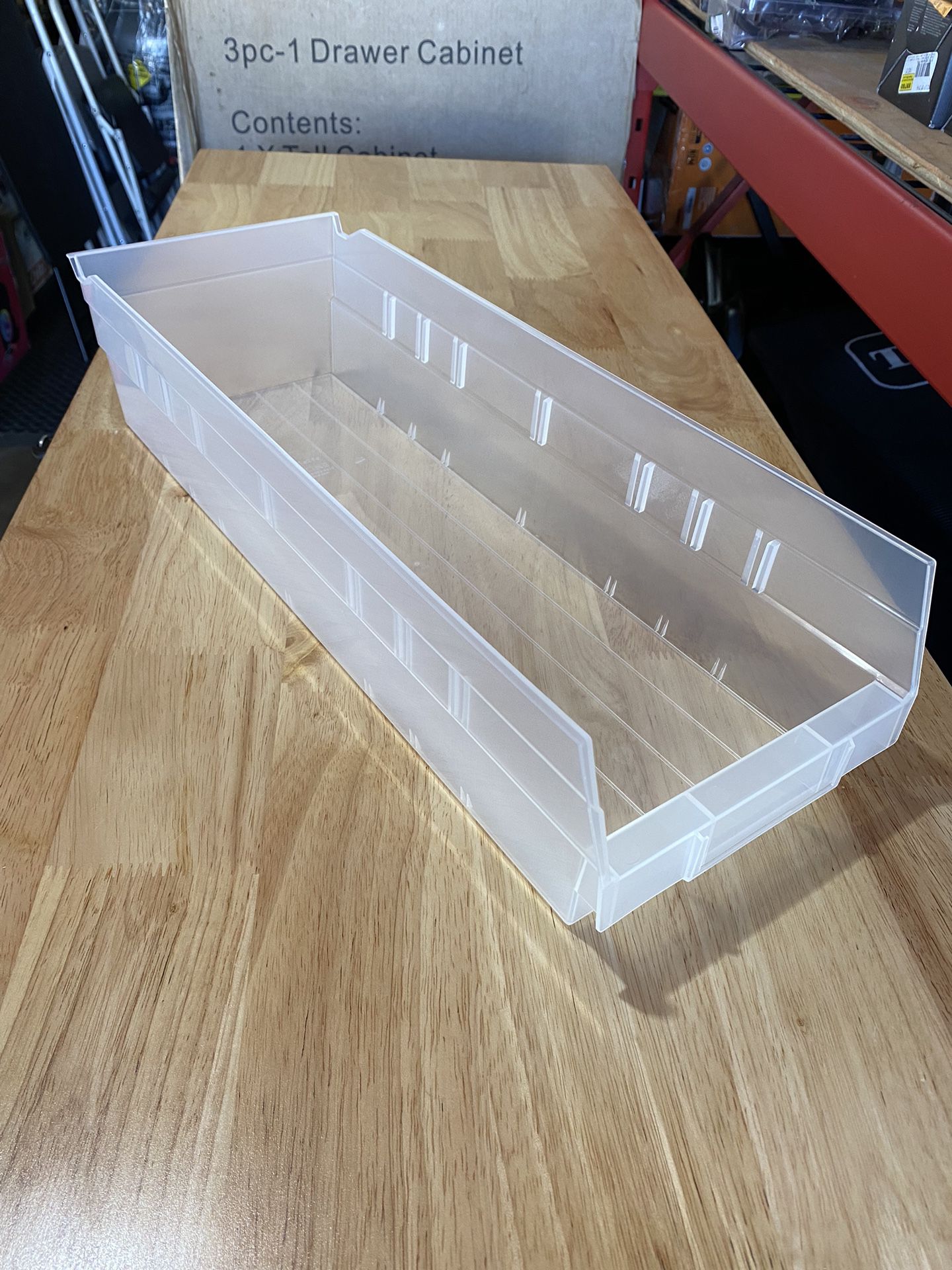 Uline Clear Plastic Shelf Bins 7” X 18” X 4” ($3 Each)