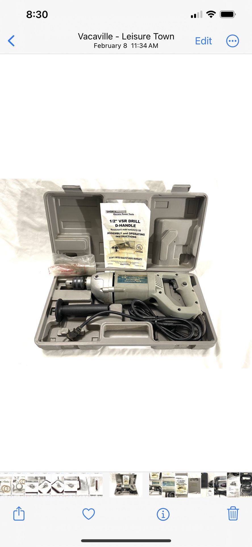 Great Condition Shop Source 1/2” Chuck Reversible, Electric Corded Drill. Needs a new key.