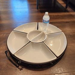 Elegant 21 inch Dining 7-Piece White Ceramic 7-Section Tray Set with Metal Rack, great condition, no chip, no crack 