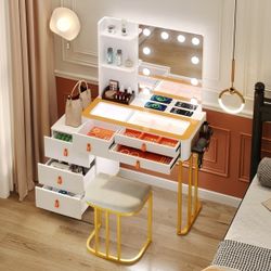 Makeup Vanity Desk Set with Mirror, LED Lights and Charging Station, White