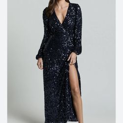 Sequin Long Sleeve Thigh Split Dress in Navy