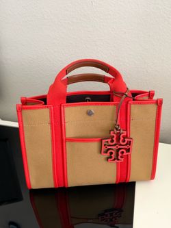 Tory Burch Canvas Tote Bag Beige & Red – Logo Charm