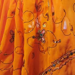 Shaded Orange Pure Jaipuri Chiffon Hand Work Saree. Butterfly Design. 6'L X 3'W