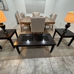 coffee table(48”LX24”WX18”H) and end tables(24”LX22”WX22”H) X2 lamps included. (Dining room table n