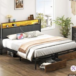 King Size Bed Frame Upholstered Platform Bed Frame with Storage Drawers, USB Ports, (6270 King) 