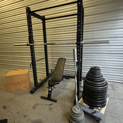 Squat Cage 675lbs Olympic Weight Set Bench Plyo Box Curl Bar