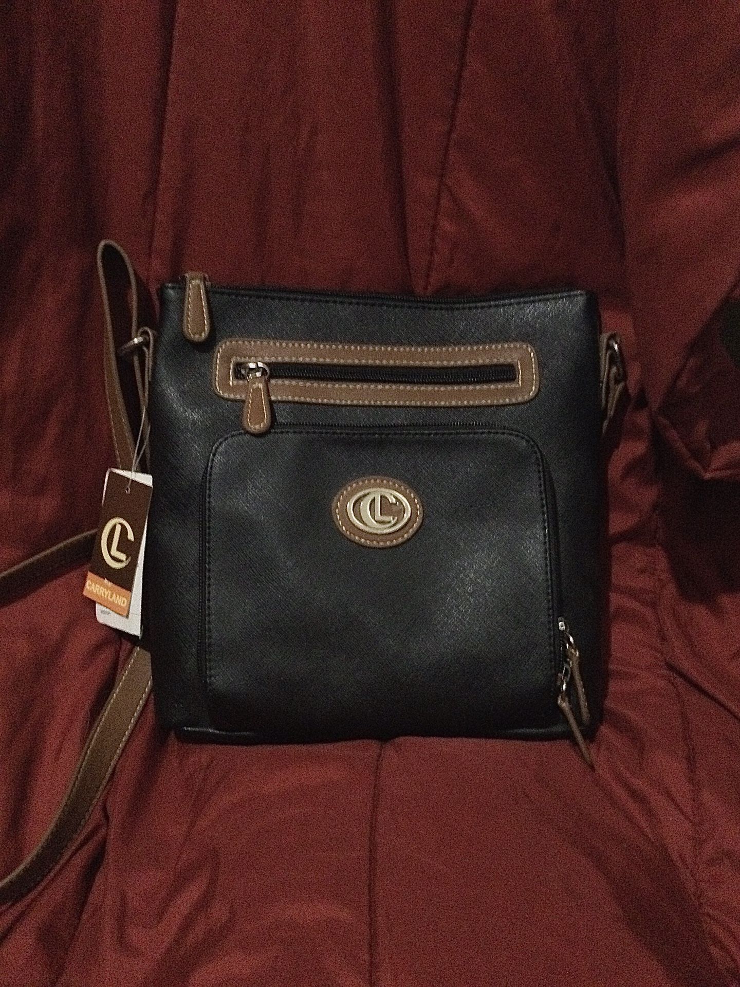 New With Tags - CarryLand Crossbody Bag, Multiple Pockets, Black/Tan Faux Leather
