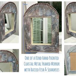 One of a Kind Hand Painted Coastal Metal Framed Mirror with Raised Fish & Seahorses