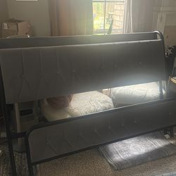 Queen Upholstered Platform Bed Frame with USB Charging Station – Gray