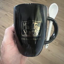 Alice In Wonderland - Mad Hatter Tea Cup With Built In 🥄 Handle Very Unique Gloss Black With Gold Lettering 