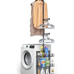 Laundry Room Shelves - Over The Washer and Dryer Storage Shelf, Laundry Hanging Rod with Basket and Hanger Organizer for Laundry Room Organization