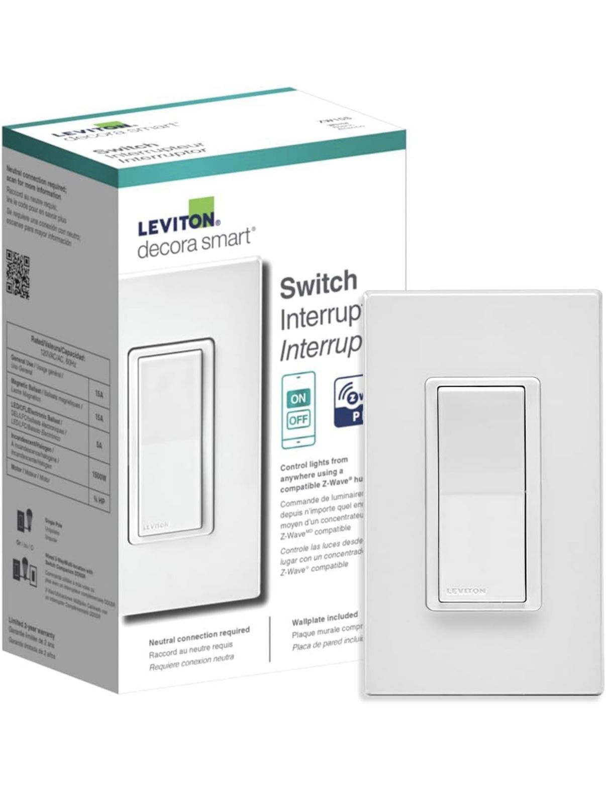 Leviton Decora Smart Switch Z-Wave 800 Series, ZW15S-1RW