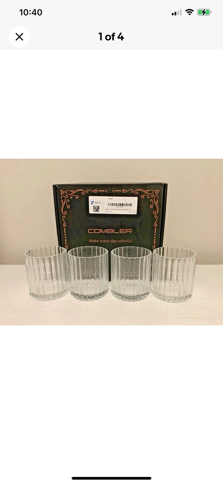 New In Box Set of 4 Combler Crystal Old-Fashioned Whiskey Glasses 10oz