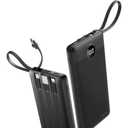 Portable Charger with Built in Cables, Slim 10000mAh Power Bank with USB C