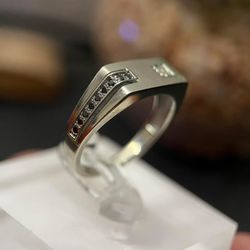 Mens White Gold Ring Black and Clear Diamond