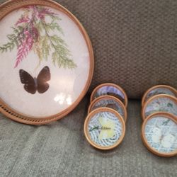 Vintage 1970's  Butterfly Bamboo Serving Tray With 6 Coasters