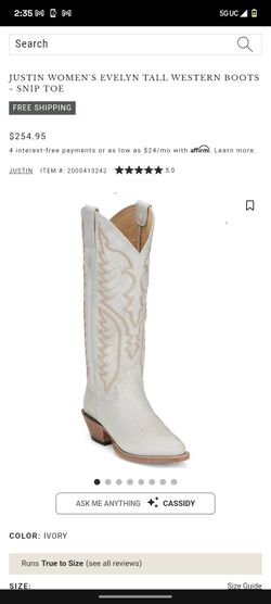 Justin Women's Evelyn Tall Western Boot (Style VN4403) in Vintage Ivory leather size 8.5