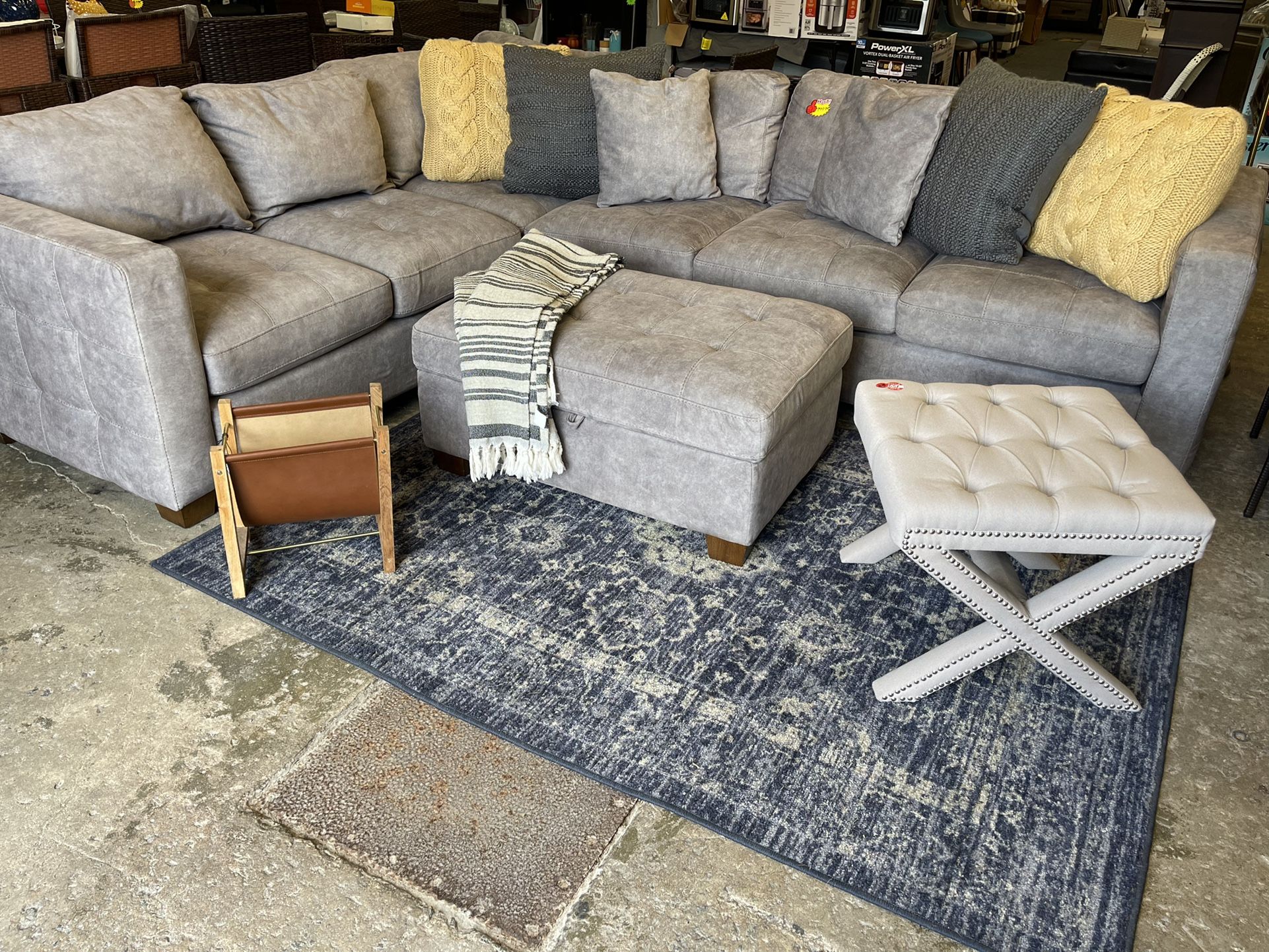 New Grey Sectional With Storage Ottoman