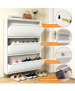 Shoe Storage Cabinet with 3 Flip Drawers, Hidden Wall Mounted Slim Shoe Rack Cabinet, Metal Narrow Shoe Cabinet for Entryway Hallway Small Spaces