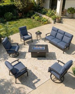 Aluminum patio furniture set with two swivel rocking chairs two stationary chairs propane fire pit outdoor patio furniture aluminum patio furniture 🆕