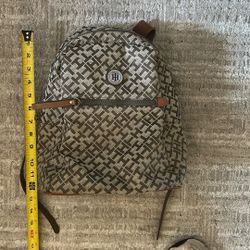 Tommy Hilfiger Tan Monogram Cotton Blend Mini Backpack With Faux Leather Accents