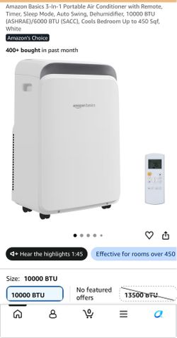 Amazon Basics 3-In-1 Portable Air Conditioner with Remote, Timer, Sleep Mode, Auto Swing, Dehumidifier, 10000 BTU (ASHRAE)/6000 BTU (SACC), Cools Bedr