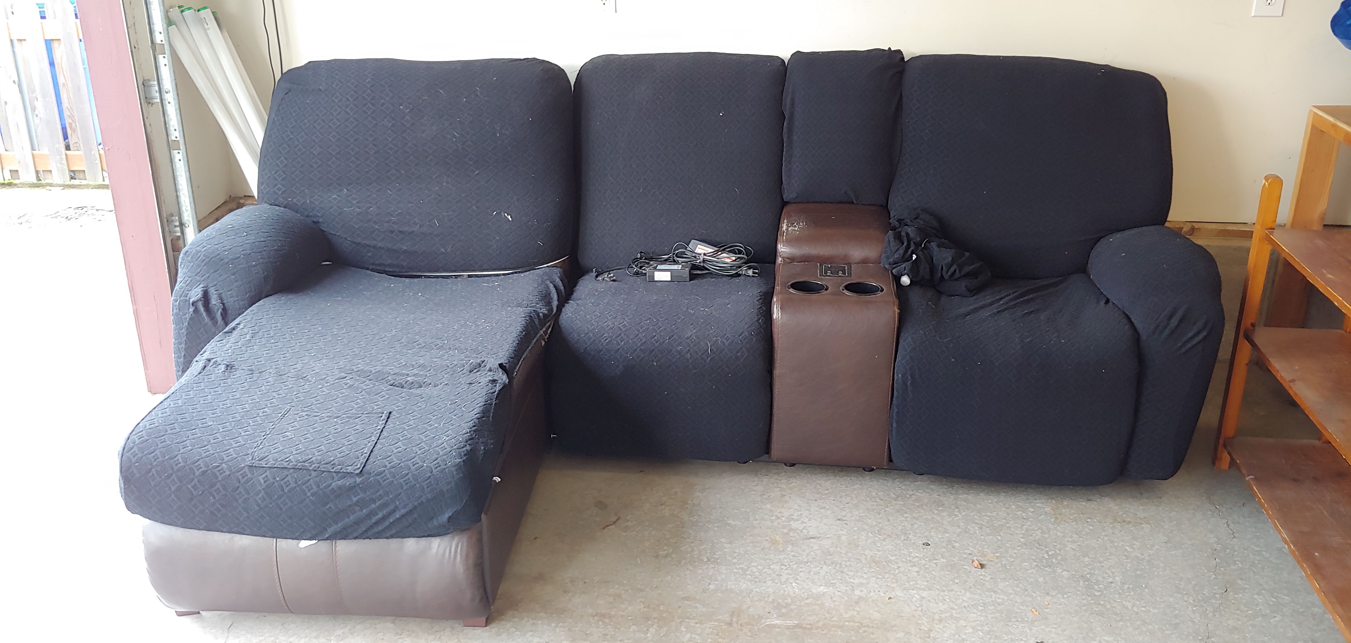 FREE Electric Couch Brown Bonded Leather w/ Black Fabric Slipcovers