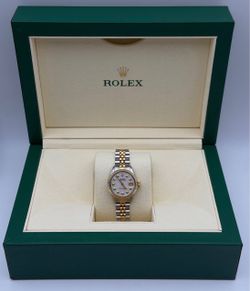 1980s Rolex 26mm Datejust Natural Mother of Pearl Diamond Dial Ladies watch & Gold Fluted Bezel two tone stainless steel Jubilee Bracelet box appraisa