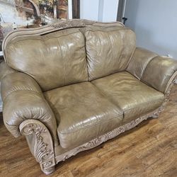 2 Seat Sofa REAL Leather Wood Tan Beige Brown