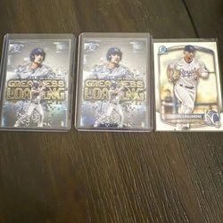 2 2025 Bowman Jac Caglianone Greatness Loading + 2025 Bowman Chrome Jac Caglianone Base Royals