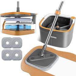 Mop and Bucket Set, Spin Mop with Separate Dirty Water System, Deep-Cleaning Mops for Floors, 2 pads included