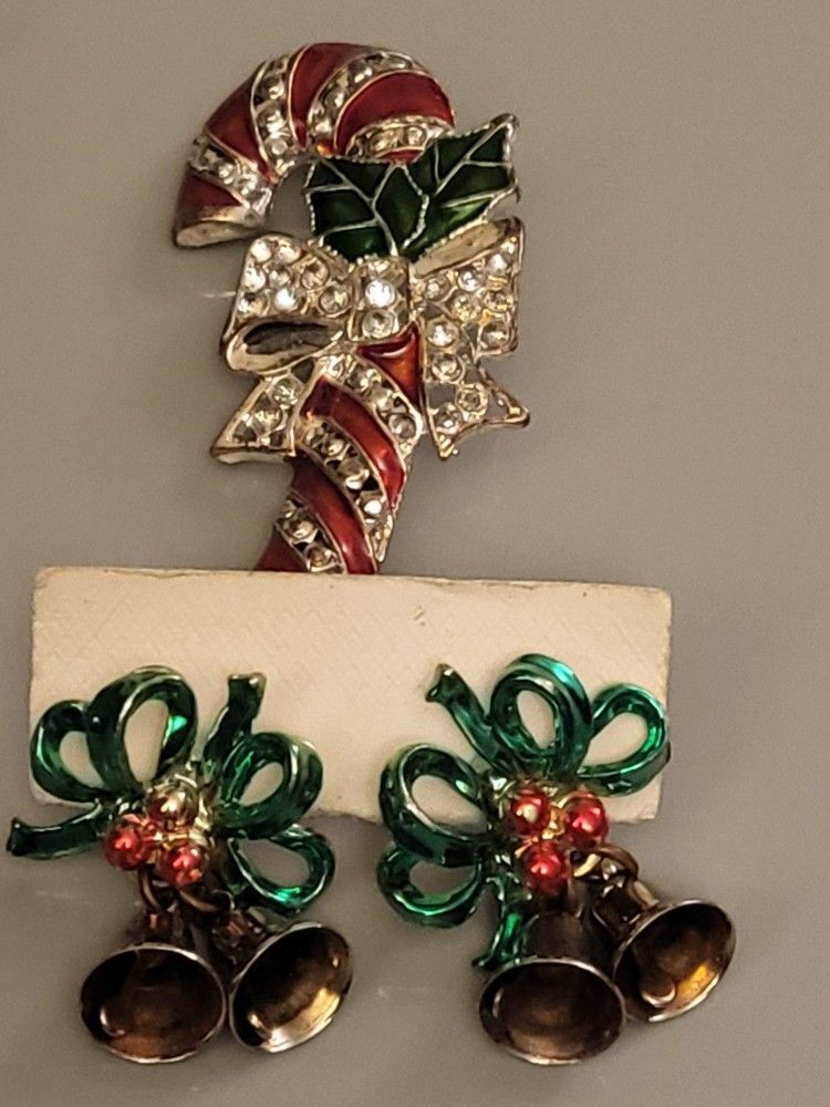 Festive Candy Cane Brooch And Bell EARRINGS SET