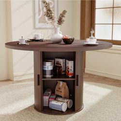 47'' Round Dining Table with Storage Shelves Kitchen Dining Table for 4-6 Dinner Room Table with 2-Layer Shelf and Wood Slide Door for Home Dining Roo