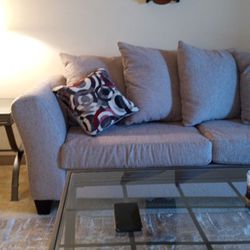 Grey Material Couch And Loveseat.  It's On The Light Side Of Grey.  I've Only Had It 2 Months But, I Cannot Fit My Wheel Chair With It. 