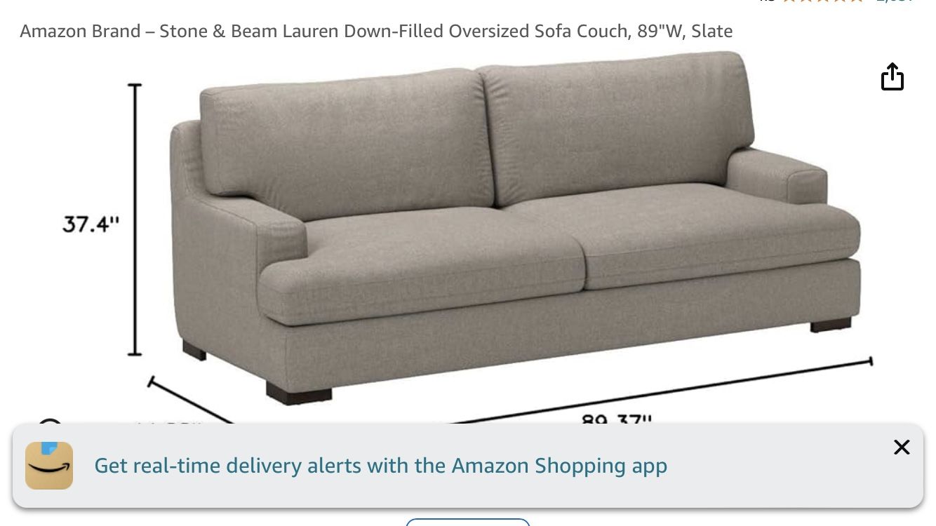 New In Box Amazon Brand – Stone & Beam Lauren Oversized Sofa. Slate Gray