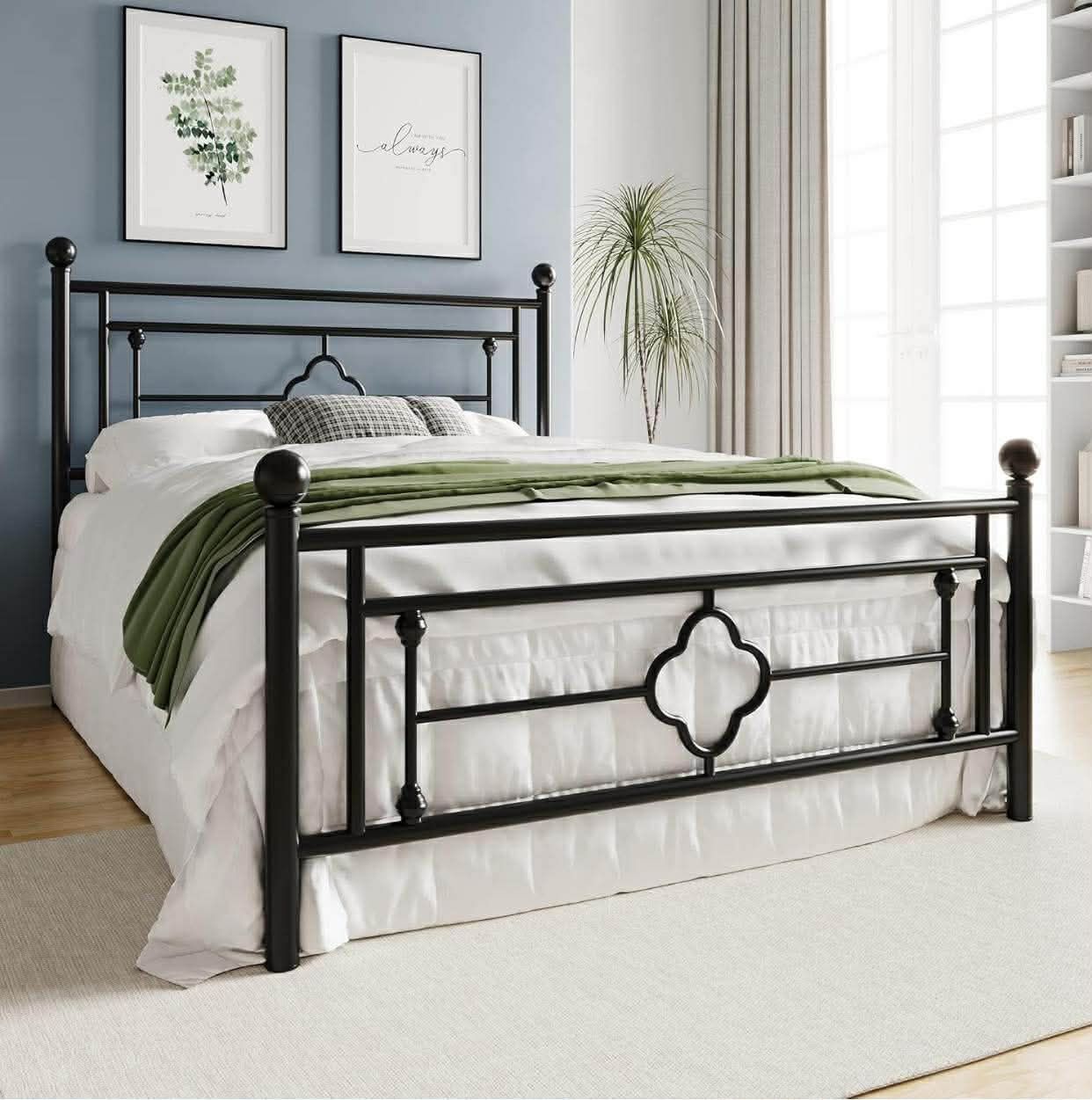 14 Inch Queen Size Metal Platform Bed Frame, Vintage Victorian Style, Wrought Iron Headboard and Footboard.
