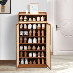 7 Tier Shoe Storage Cabinet with Doors, Bamboo Multifunctional Organizer Rattan Pattern Rack Unit Up to 21 Pairs for Bedroom Closet Entryway Living Ro