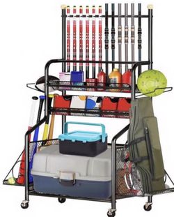 Uxwuy Fishing Rod Holders for Garage Fishing Pole Holders, Fishing Tackle Organizer Storage Up to 12 Rods with Hooks and Wheels, 3 Layer Fishing Cart 