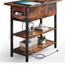 Yoobure End Table with Charging Station, Flip Top Side Table with USB Ports and Outlets, Berry Brown