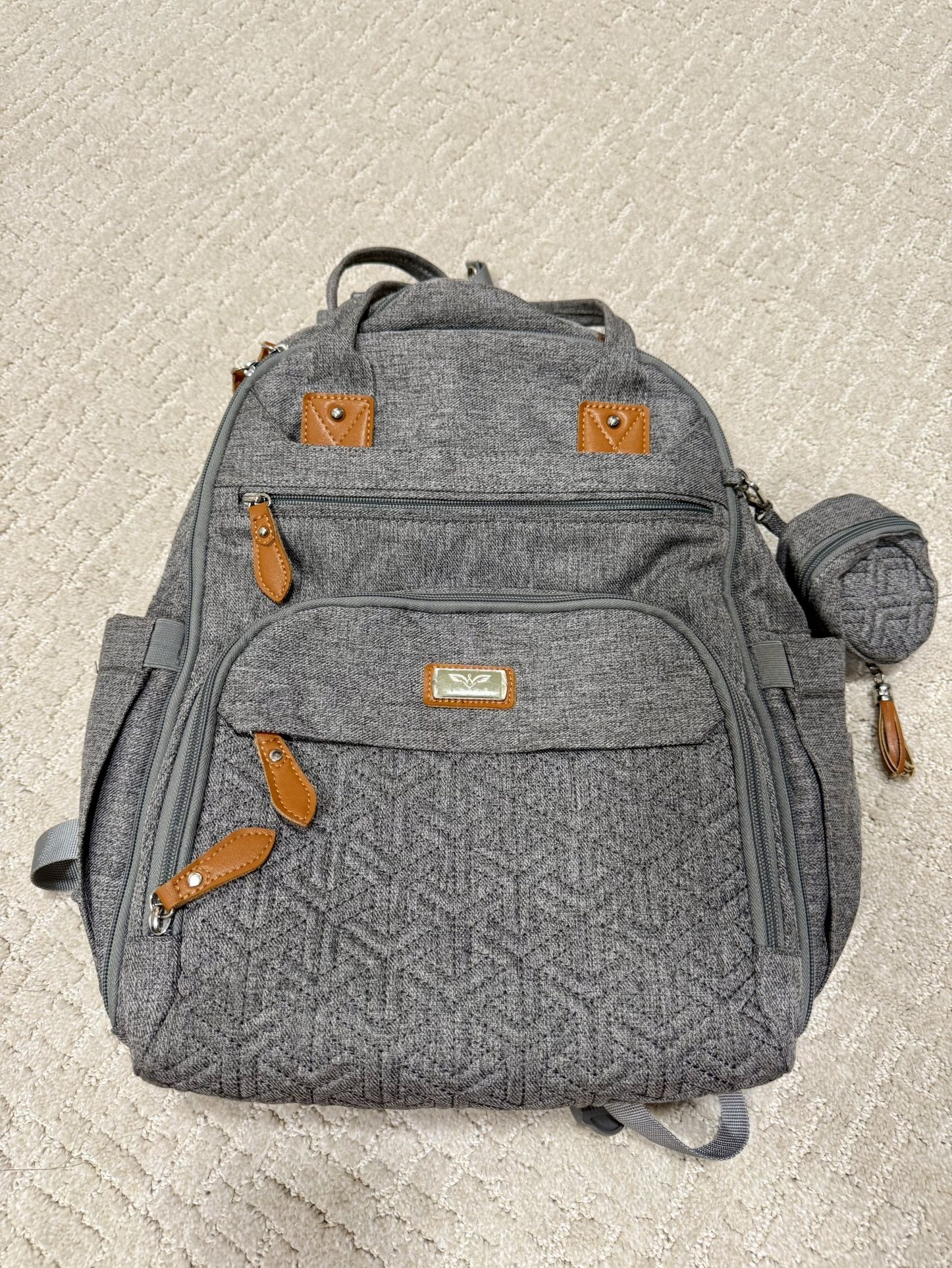 Grey Backpack/Diaper Bag with Leather Accents