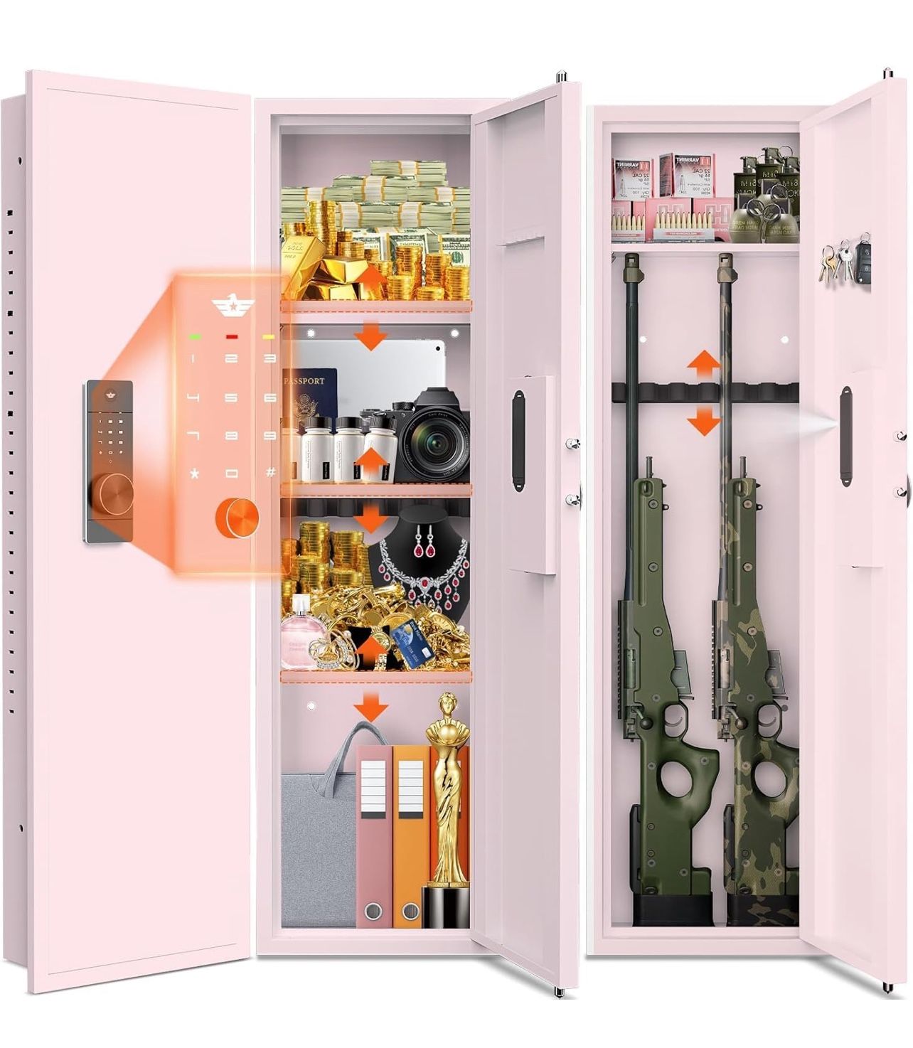 53" Tall Hidden Wall Safe with Fingerprint Lock - Fireproof & Waterproof, Dual Alarm System, 3 Adjustable Shelves, Magnetic Slot & Key Hooks - Modern 