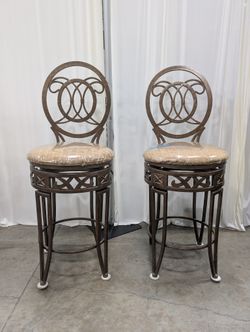 Pair of Ornate Dark Bronze Metal Bar Stools with Upholstered Seats