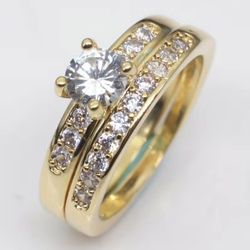 Ladies 2 PC Gold Tone Wedding Engagement Created White Sapphire Ring Set Size 10
