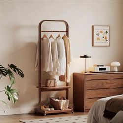 Solid Wood Rolling Clothing Rack with Shelves