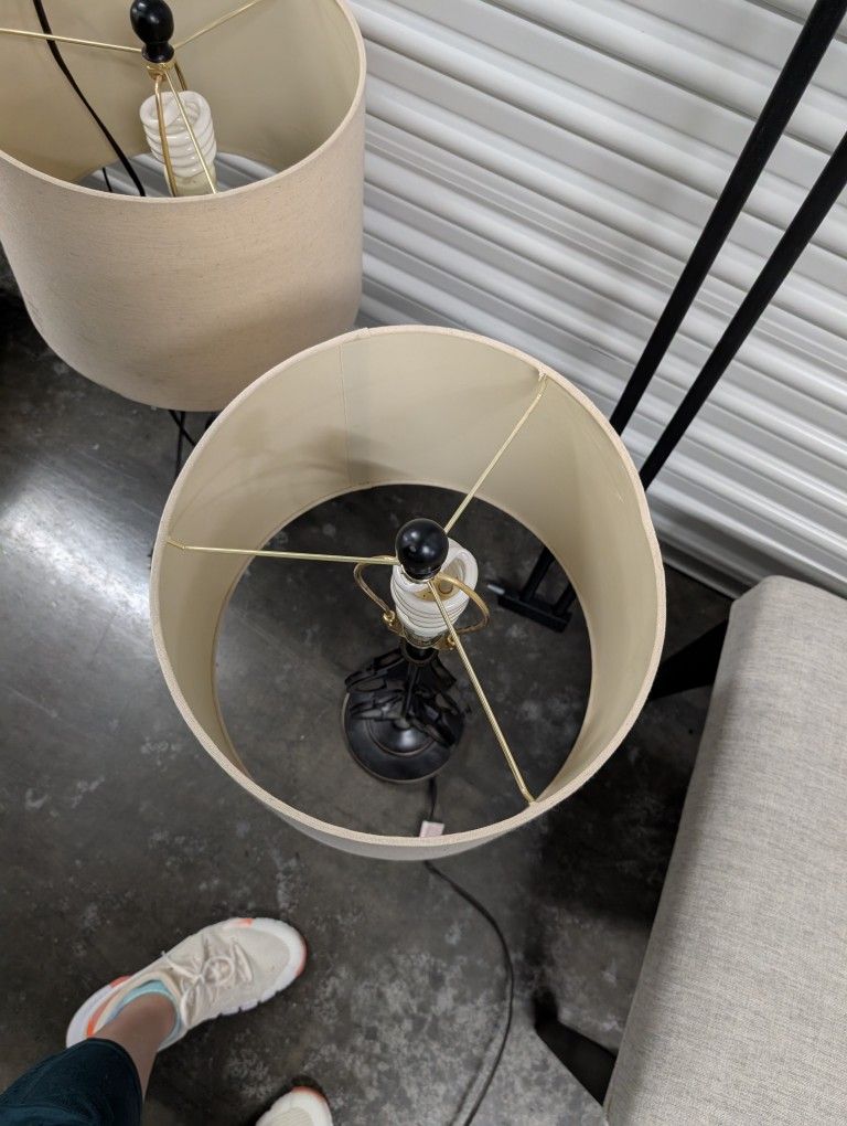 Drum Shaped Lamp Shades, Beige Lamp on Black Base